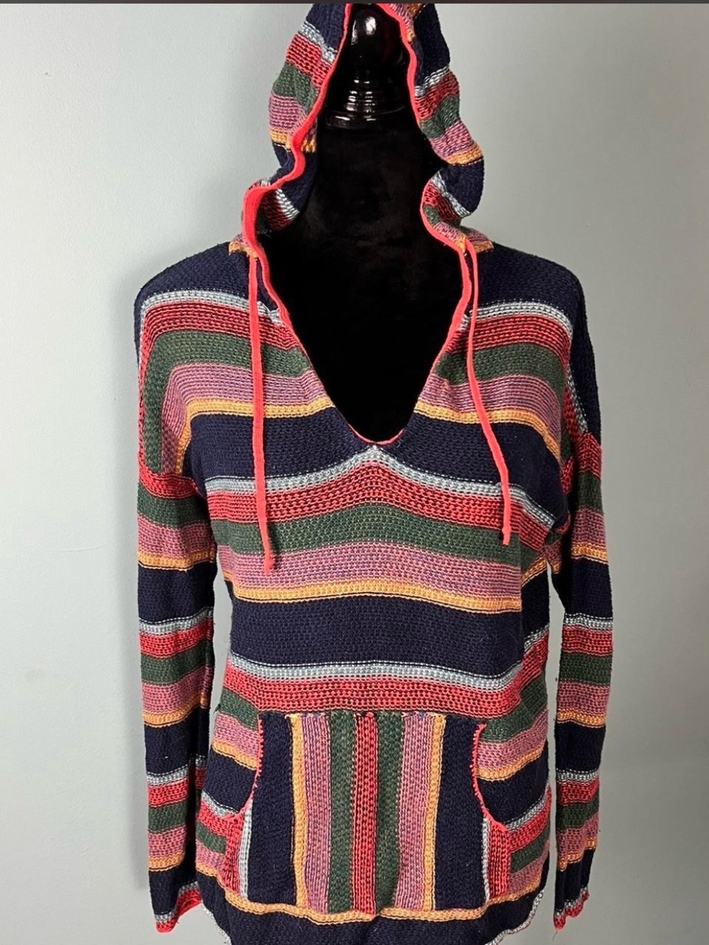 AEO Multicolor Striped Baja Style Knit Hoodie with Kangaroo Pocket
